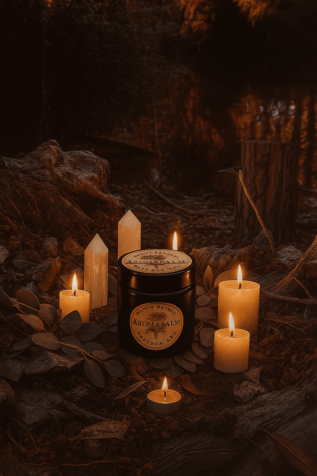 Aromabalm among candles in the forest